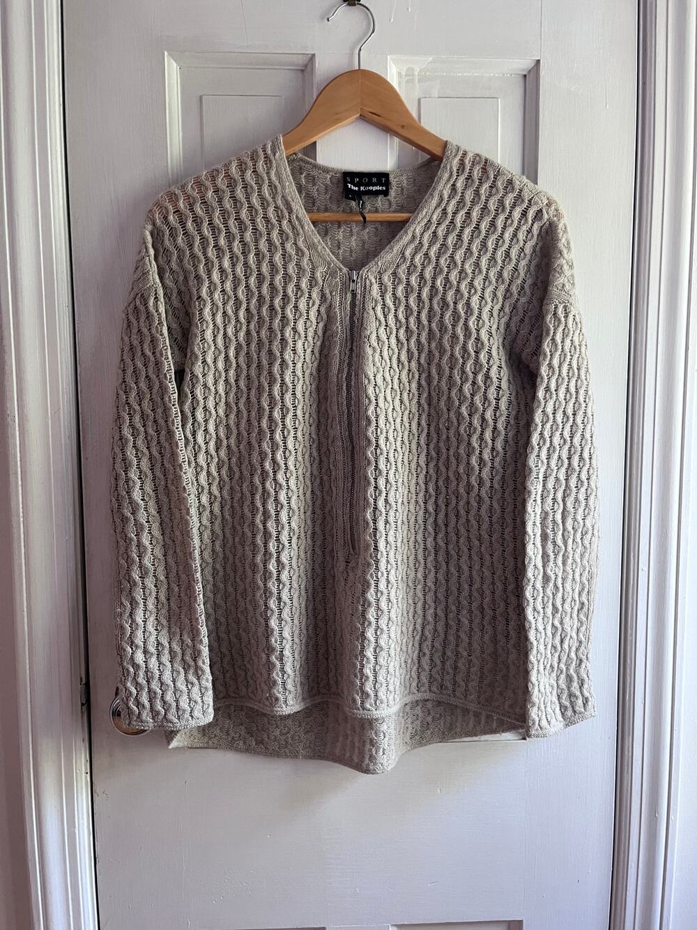 The Kooples Sport Wool Alpaca Cashmere Waffle V-Neck Zip Sweater Taupe S $345